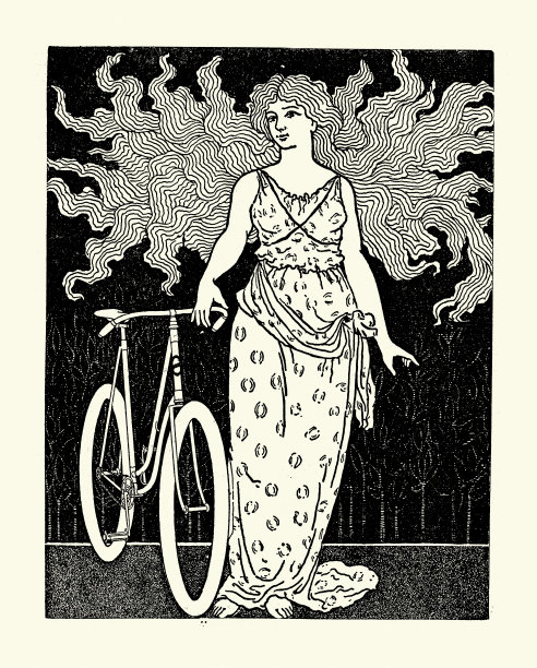 女神波浪长发，年轻女子骑自行车，历史骑自行车，新艺术，青年风格，历史19世纪，复古插图图片下载