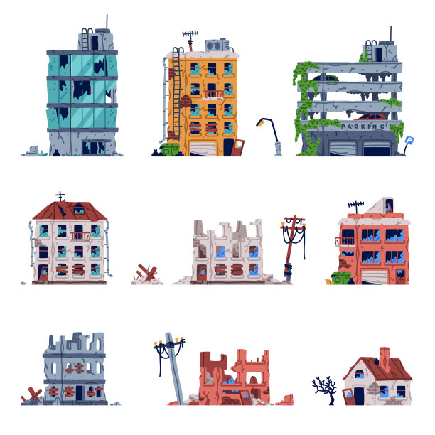 被摧毁的建筑物和破碎的房屋矢量集图片下载