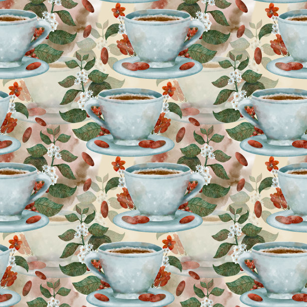 图案与咖啡杯，树叶和花朵，完美的创造一个平静的设计图片下载