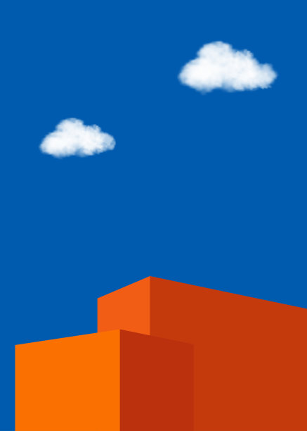 湛蓝背景上的天空云，化妆品展示的3d橙色讲台，矢量场景最小的现代几何建筑形状，春夏垂直设计平台图片下载