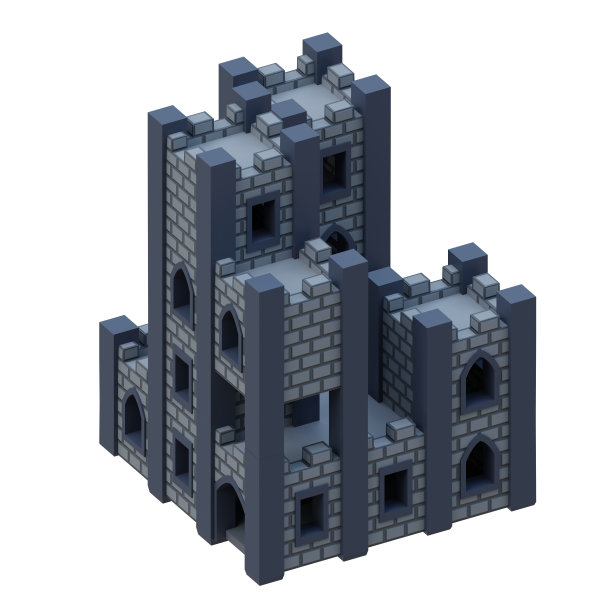 灰砖中世纪建筑等长风格堡垒。3 d渲染。图片下载