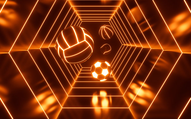 足球、篮球、排球和橄榄球与霓虹灯隧道，3D渲染图片下载