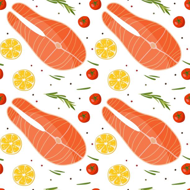 搭配三文鱼排和烧烤原料，柠檬片，迷迭香。红鱼和调味料。做鲑鱼排。顶视图。重复背景菜单，壁纸。图片下载