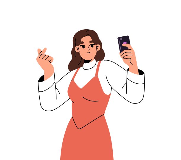 可爱的女孩用手指展示韩国的爱情象征。年轻女子在自拍时做着心形手势。快乐的人用电话拍照。平面隔离矢量插图上的白色图片下载