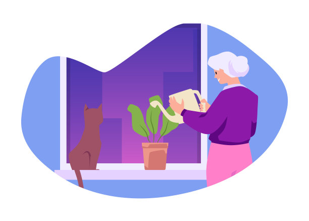 快乐的老妇人站在窗口，卡通矢量插图图片下载