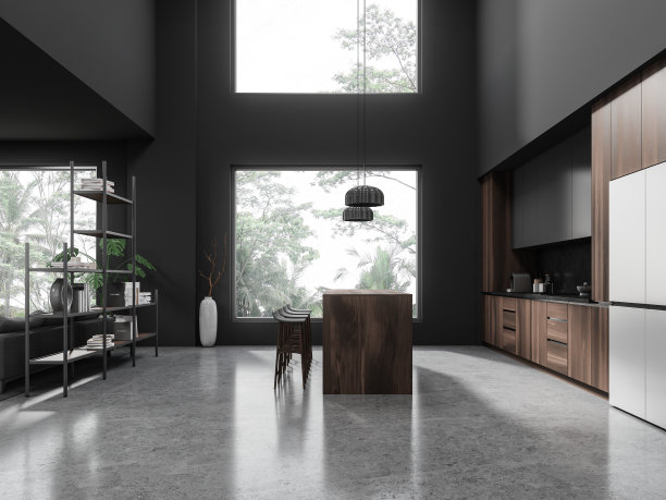 灰色和木制的厨房内部有橱柜和岛台图片下载