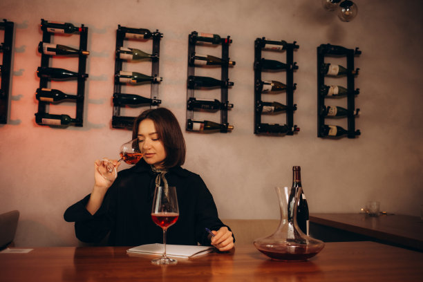 黑发女人品酒师品尝葡萄酒，写笔记。图片下载