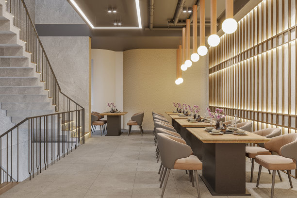 斯堪的纳维亚风格的餐厅，餐桌和货架屏幕的内部有一个复古的气氛图片下载