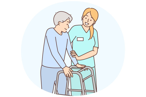 女人照顾拄着拐杖的年长者图片下载