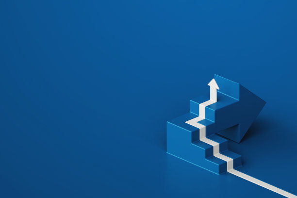 极简的3D渲染一个向上的箭头和楼梯在蓝色的背景，代表成功和成就图片下载