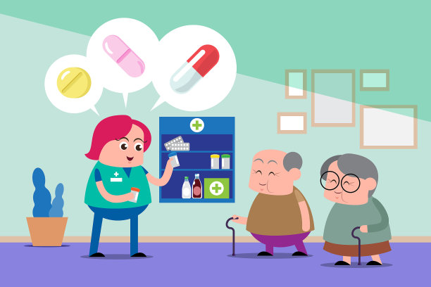 情感可爱矢量，插图平面卡通人物生活方式医生照顾老人在家里。图片下载