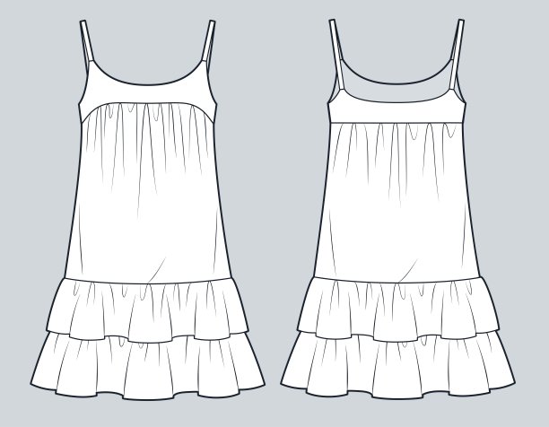 吊带裙技术时尚插画。褶边连衣裙时尚平面技术图纸模板，迷你长度，轻松合身，前后视图，白色，女装CAD模型。图片下载