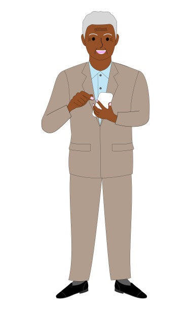 一个拿着手机的黑人老人，白人背景。图片下载