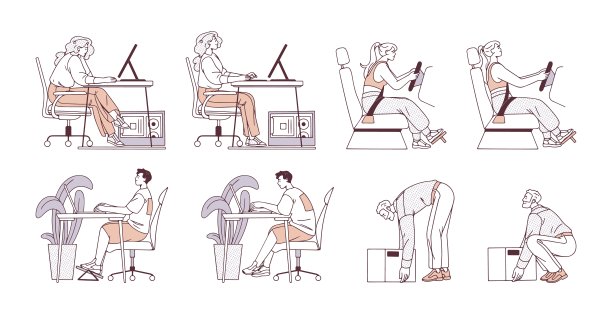 正确和不正确的姿势侧面视图设置。坐办公桌、电脑、开车、搬运物品的正确与错误姿势。平面隔离轮廓矢量插图上的白色背景图片下载