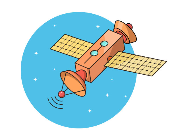 现代卫星卡通插图与接收天线太阳能板在孤立的背景图片下载