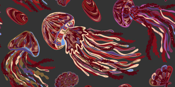 波浪水母五颜六色的热带海洋动物。矢量无缝重叠模式。图片下载