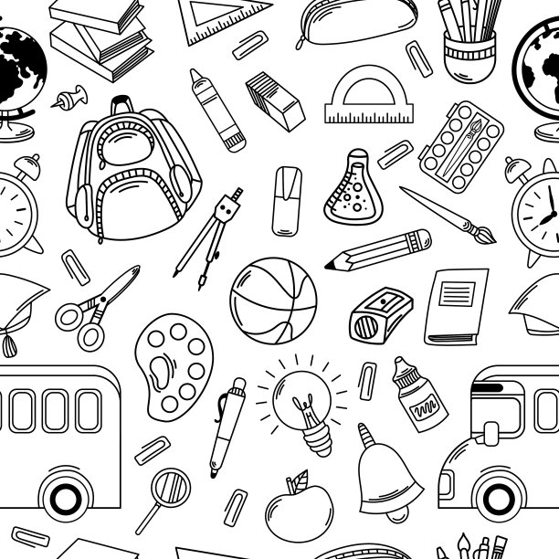 无缝模式回到学校不同的孩子用品。可爱的线性设计在白色背景的轮廓风格。适合给孩子们涂色图片下载