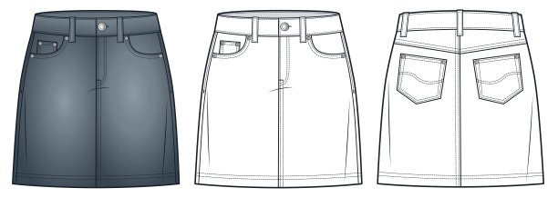 牛仔裙技术时尚插画。迷你裙时尚平面技术图纸模板，口袋，拉链，前后视图，白色，灰色，女装CAD模型集。图片下载