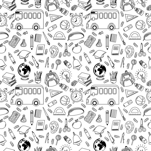 无缝模式回到学校不同的孩子用品。可爱的线性设计在白色背景的轮廓风格。适合给孩子们涂色图片下载