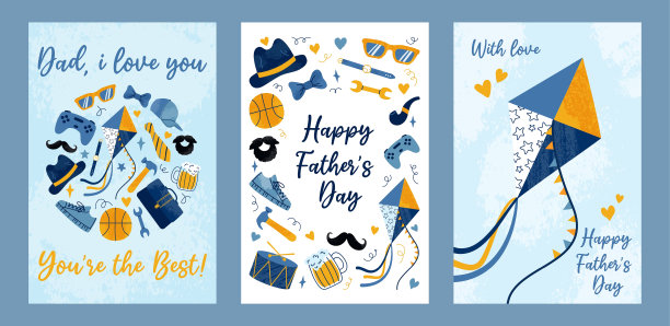 父亲节快乐三张垂直问候海报合集。现代设计的男性配件与grunge纹理效果的蓝色背景。手绘风格。模板卡片，封面，横幅图片下载