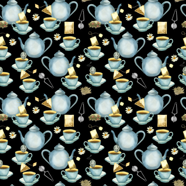 以茶为主题的水彩画。蓝色茶壶，茶杯，茶叶，绿茶，茶包，过滤器，洋甘菊。一切都是用水彩画的。用于织物、包装设计上的印刷图片下载