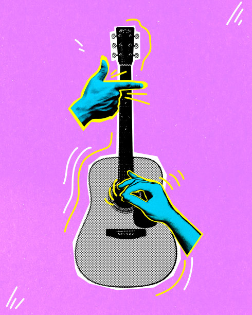 插图古典吉他在充满活力的紫色背景与两只手演奏。当代艺术拼贴。图片下载