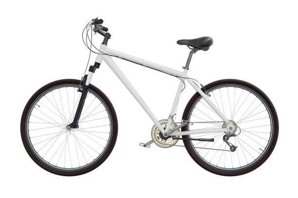 白色自行车，侧视图孤立在白色背景，3D插图图片下载