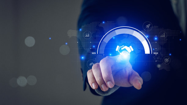 值得信赖的合作伙伴。值得信赖的合作，公司或合同。有信心一起工作。商人把旋钮转到最高信任水平。在商业和财务关系中建立信任。图片下载