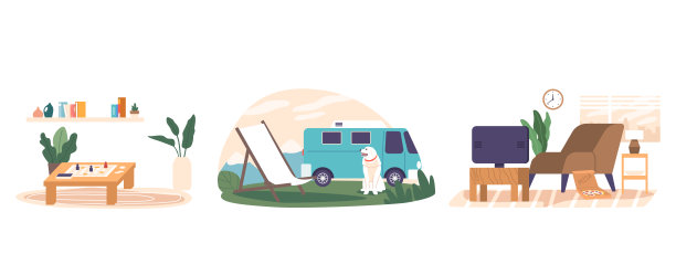 孤立的元素家庭内部与桌游。户外位置，带沙发床和面包车，客厅图片下载