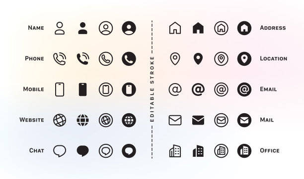 名片图标集。联系我们设计模板。可编辑的笔画符号包。包含图标—姓名、电话、位置、网站、地址、邮件、电子邮件、办公室、手机、聊天符号。图片下载