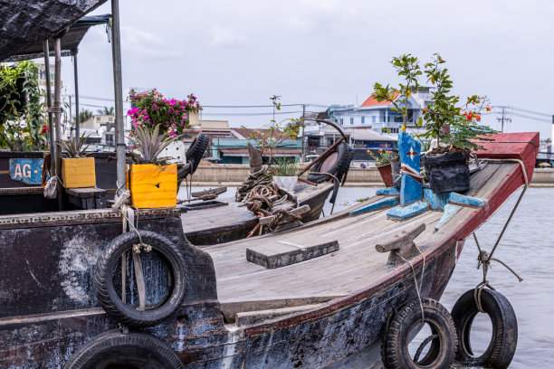 在越南湄公河三角洲的水上市场上，一些船只的正面照片。图片下载