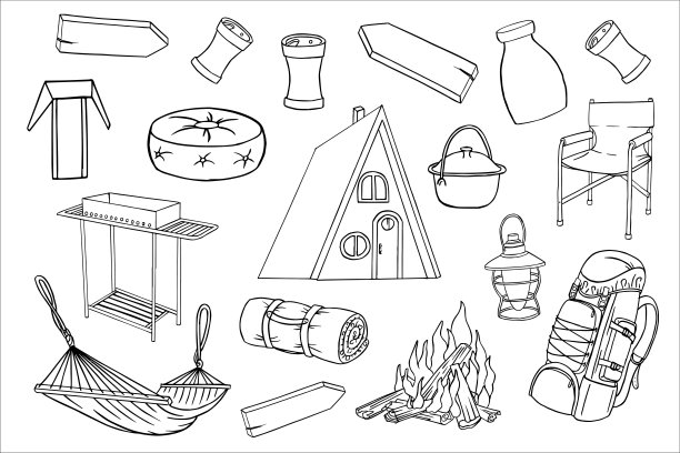 手绘旅行插图。户外露营涂鸦套装。豪华野营是一个舒适的假期。野外探险装备。简单的矢量涂鸦收集篝火，帐篷，房子，夏夜和烧烤图片下载