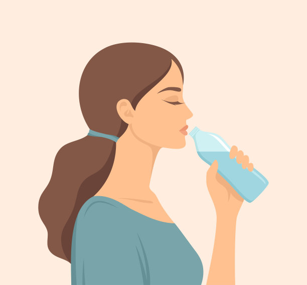 从侧面看，年轻女子正在用瓶子喝水。平面矢量图图片下载