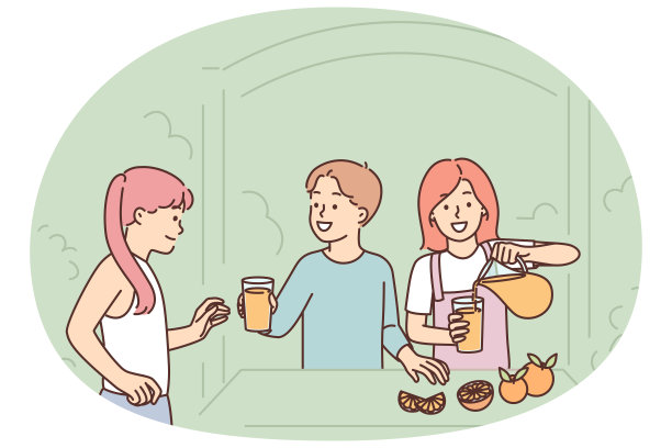 孩子们站在树旁的街边小店里向朋友们出售新鲜的柠檬水图片下载