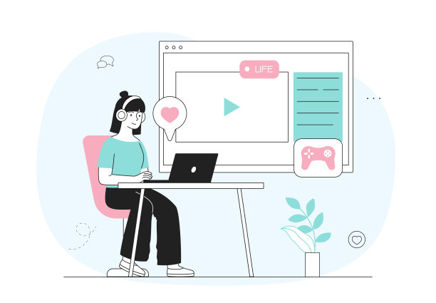 游戏主播。年轻女孩用笔记本电脑玩游戏和在线流媒体。受欢迎的博主cybersportsman。游戏机，个人电脑，笔记本电脑。线性平面矢量图图片下载