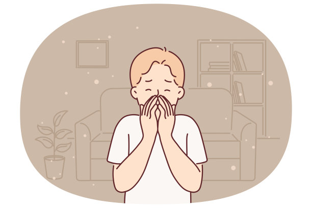 对灰尘过敏的小男孩站在不整洁的房间里打喷嚏流鼻涕图片下载