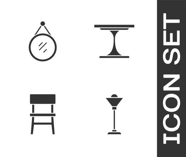 设置落地灯，镜子，椅子和圆桌图标。向量图片下载