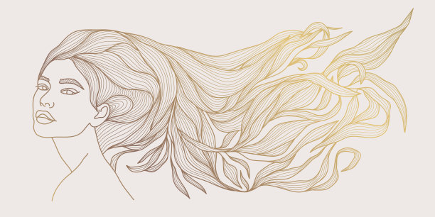 矢量线女人的脸长头发和树叶。时尚艺术，图文女性肖像。用于美容院、spa、化妆品等。闪亮的墙壁艺术。图片下载