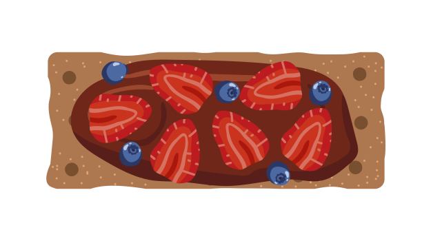 黑麦脆面包与草莓片和蓝莓隔离在白色背景，俯视图。脆饼配巧克力和浆果。健康小吃设计菜单咖啡馆，烹饪课，食谱。图片下载