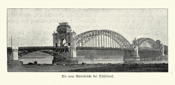 莱茵河铁路桥，杜塞尔多夫，德国，维多利亚时代，19世纪90年代，复古照片图片下载