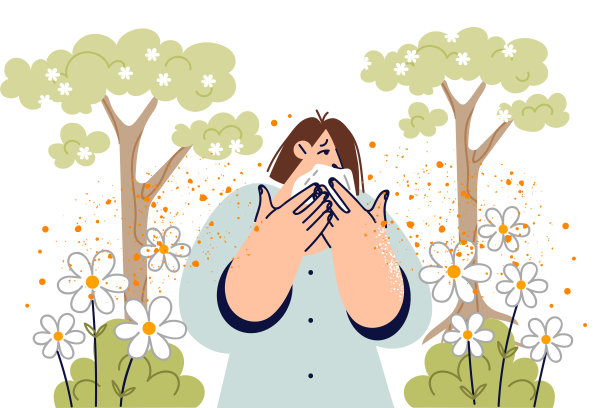 站在公园树林里用手帕的女人对春天的花粉过敏图片下载