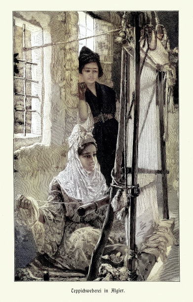 编织的历史，年轻的阿尔及利亚妇女使用织布机编织地毯，阿尔及利亚，维多利亚时代19世纪90年代，复古插图图片下载