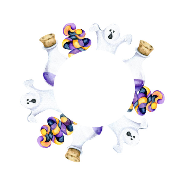 万圣节圆框用魔幻玻璃配紫色液体、白色幽灵、糖果水彩插画。手绘或治疗构图，恐怖模板，万圣节卡通贺卡邀请，包装图片下载