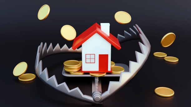 一个孤立的房子，上面有一个捕熊器和一堆金币图片下载