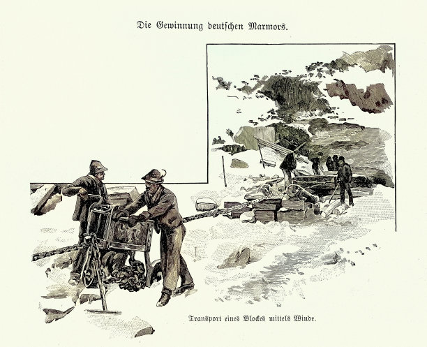 采石场工人用绞车搬运大理石，德国，19世纪90年代维多利亚时代，复古插图图片下载