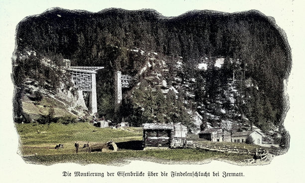 铁路的历史，在瑞士瓦莱州采尔马特附近的芬德伦峡谷上建造铁路桥，维多利亚时代，19世纪90年代，复古插图图片下载