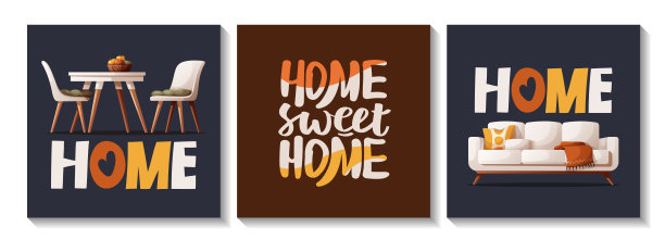 一套卡片与舒适的沙发，餐桌。图片下载