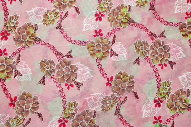 碎片的彩色复古挂毯纺织图案与花卉装饰有用的背景。花卉织物或布料，微距拍摄。面料质地。纸巾，纺织品，布料，材料，机织图片下载