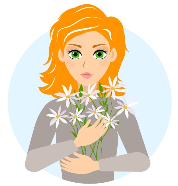 可爱的红发女孩拿着花。前视图。色彩鲜艳的肖像。图片下载