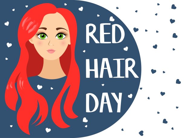 全国红发日。美丽的女孩，长着红色的长发和爱心。红头发的可爱女孩。红发日海报。图片下载